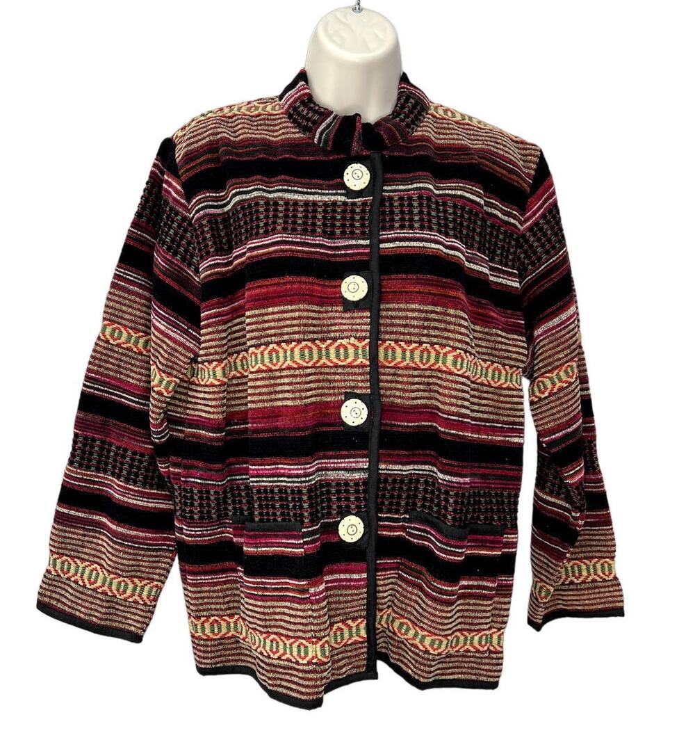 Vintage Flashback 90s Womens M Boho Tapestry Button Jacket Black Stripe Western